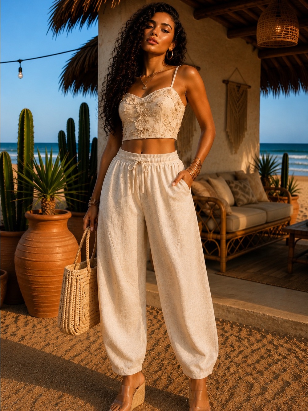Women's Cream Drawstring Lounge Pants - Lightweight Wide Leg